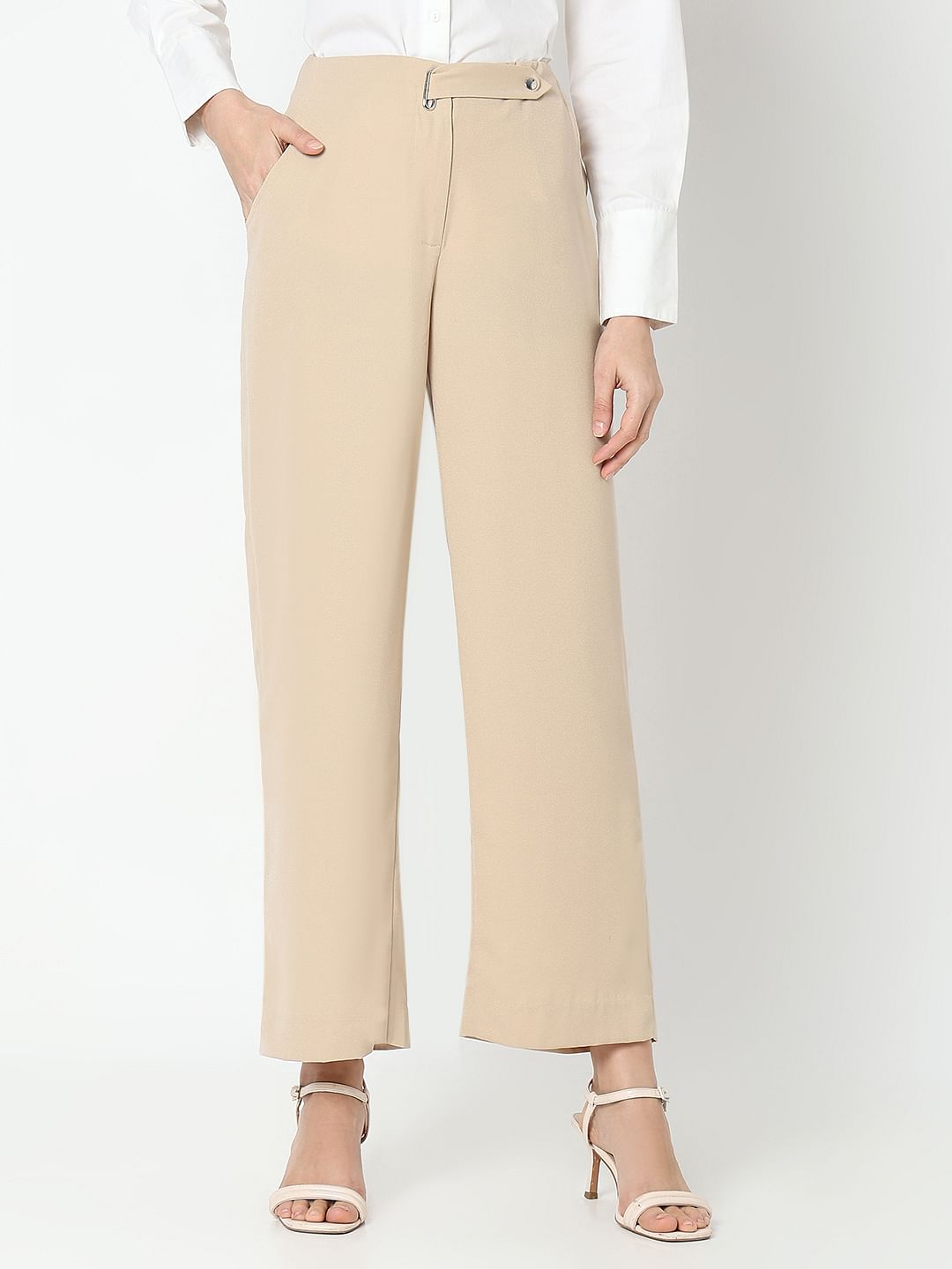 Tan High Rise Straight Fit Pants
