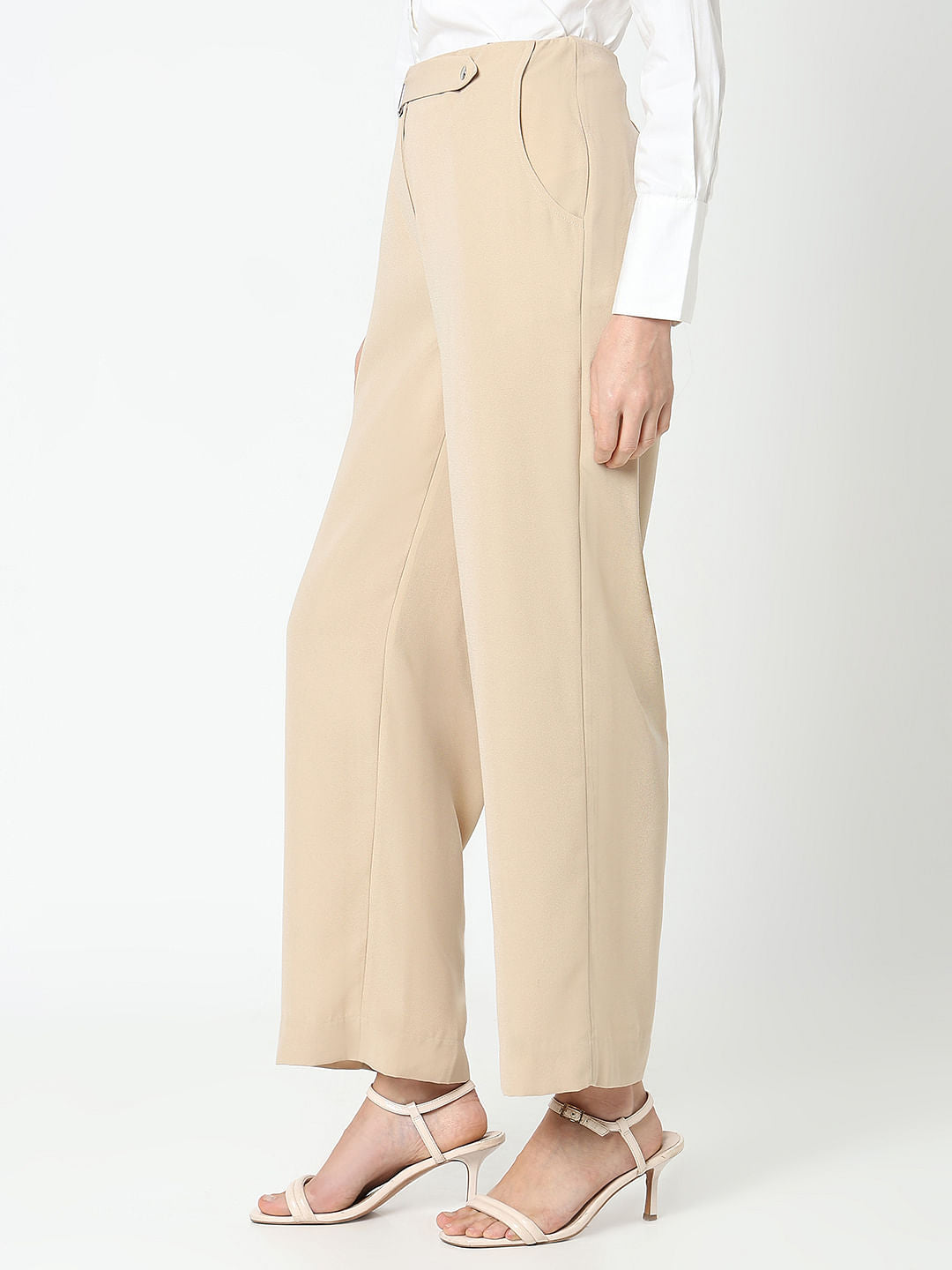 Tan High Rise Straight Fit Pants
