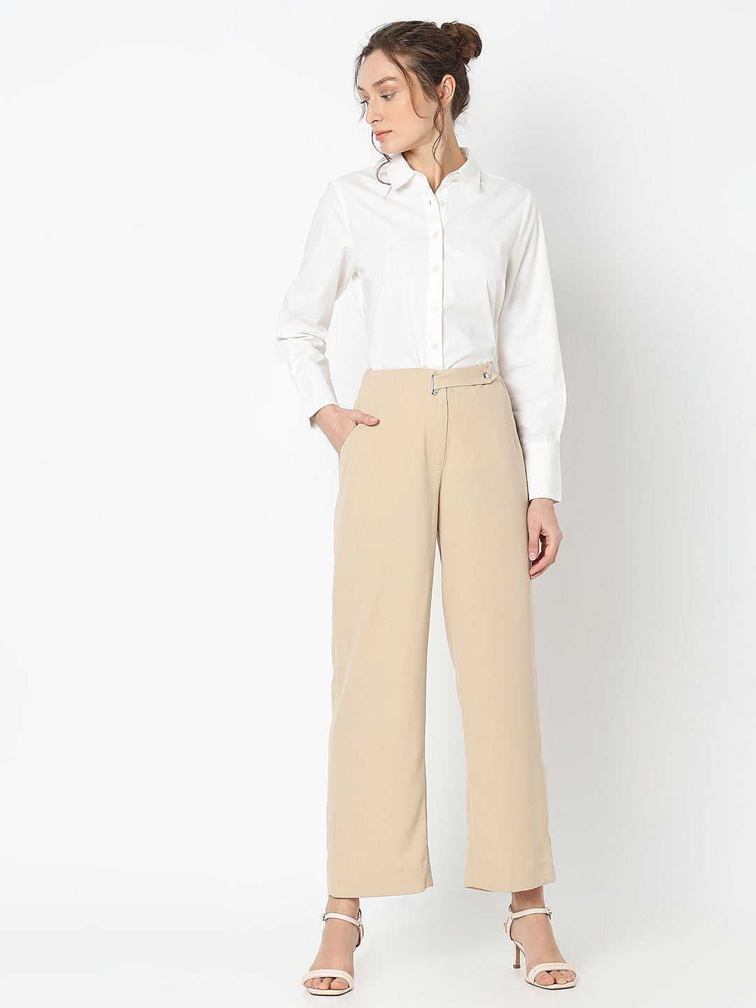 Tan High Rise Straight Fit Pants