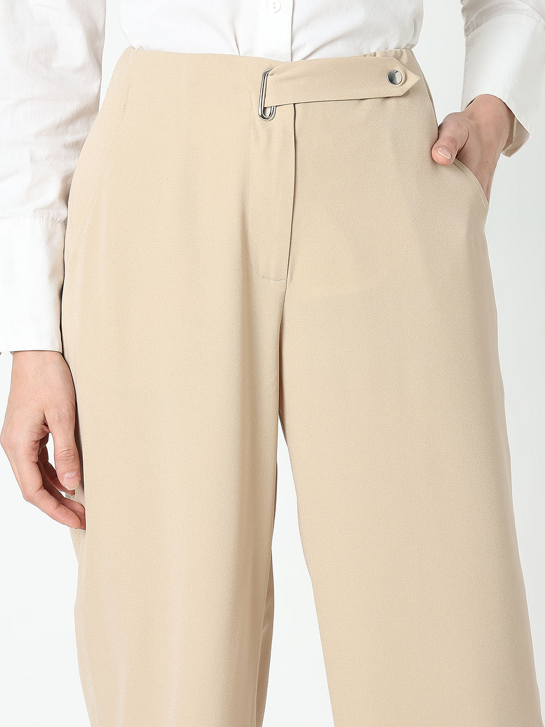 Tan High Rise Straight Fit Pants