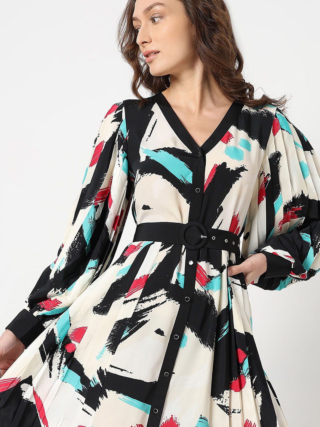 White Printed Pleated Midi Dress