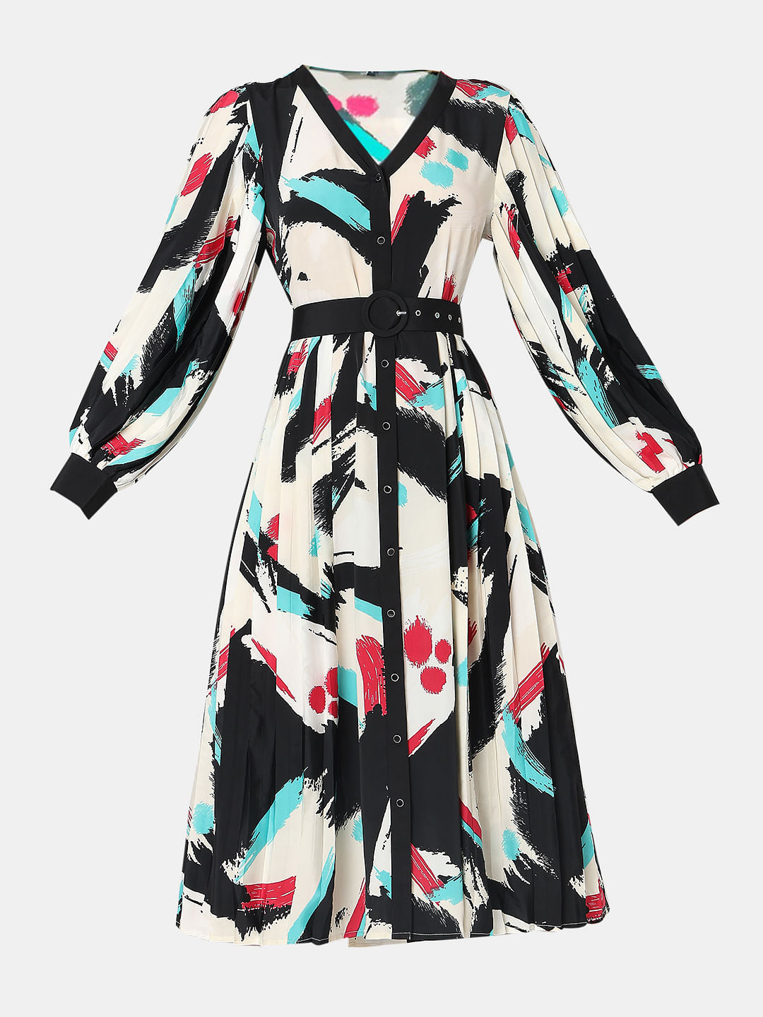 White Printed Pleated Midi Dress