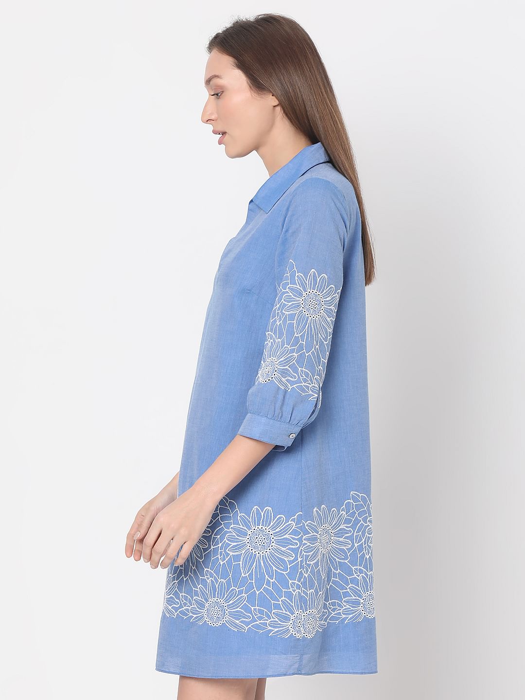 Blue Embroidered Shirt Dress