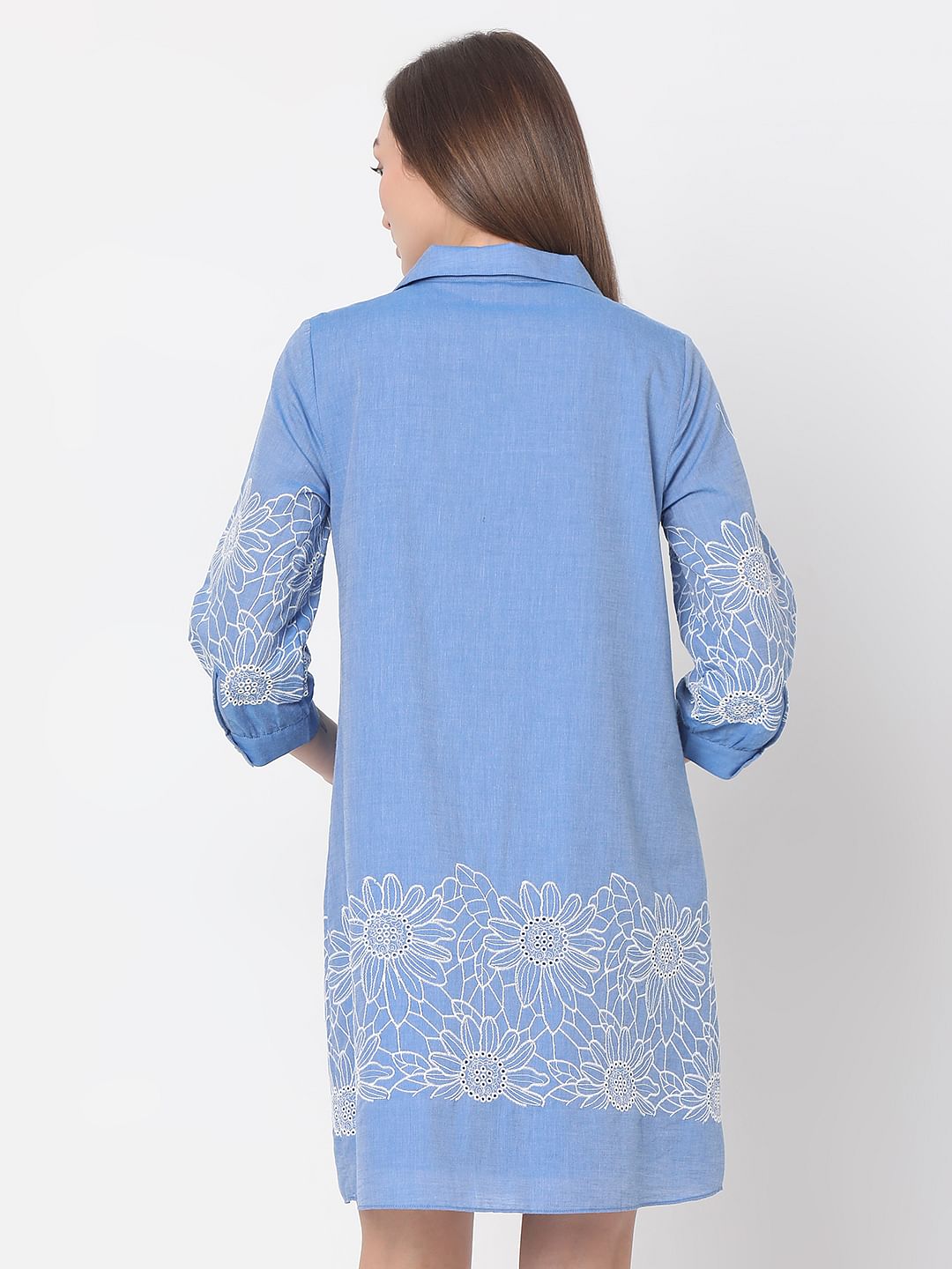 Blue Embroidered Shirt Dress
