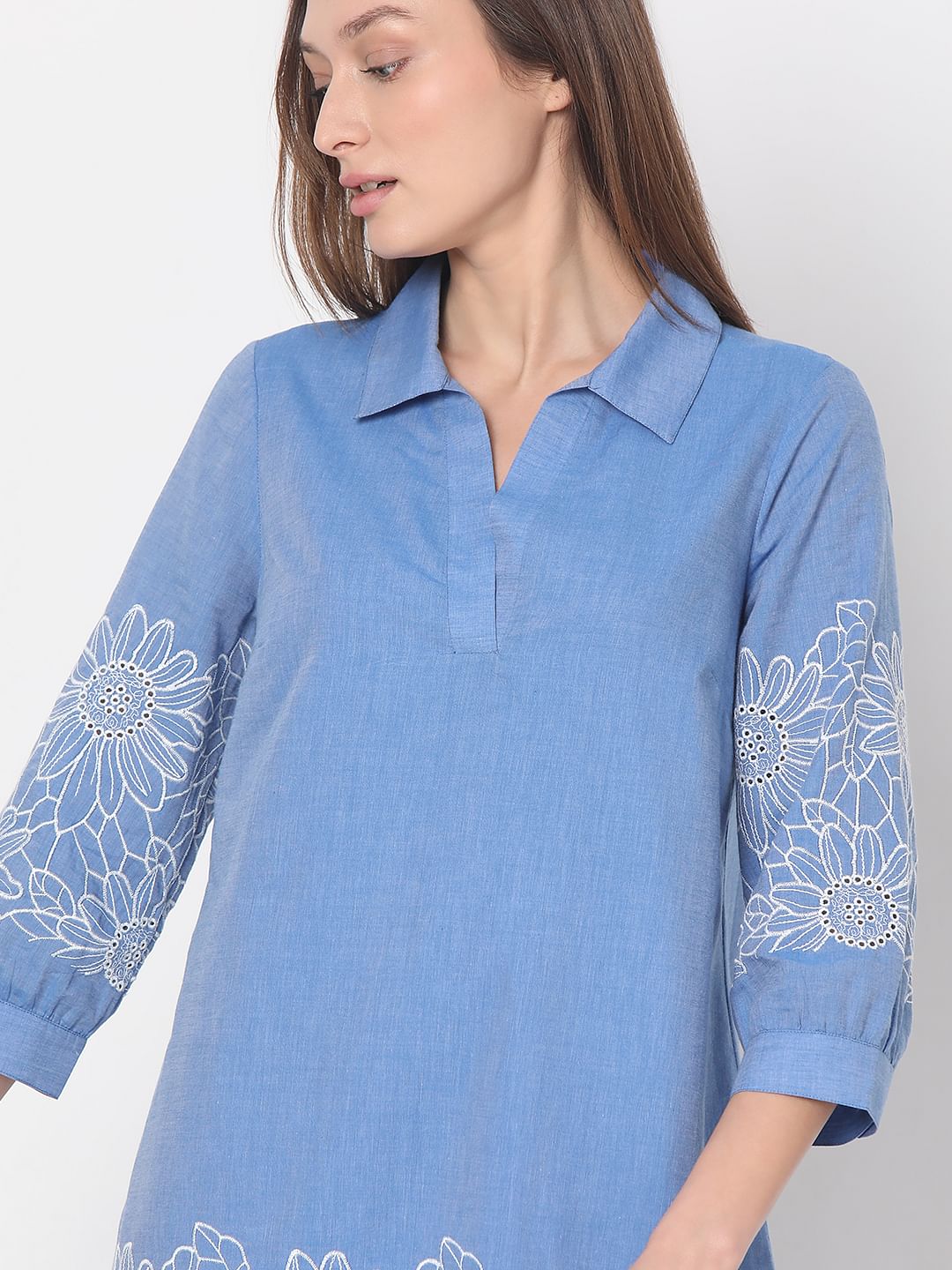 Blue Embroidered Shirt Dress