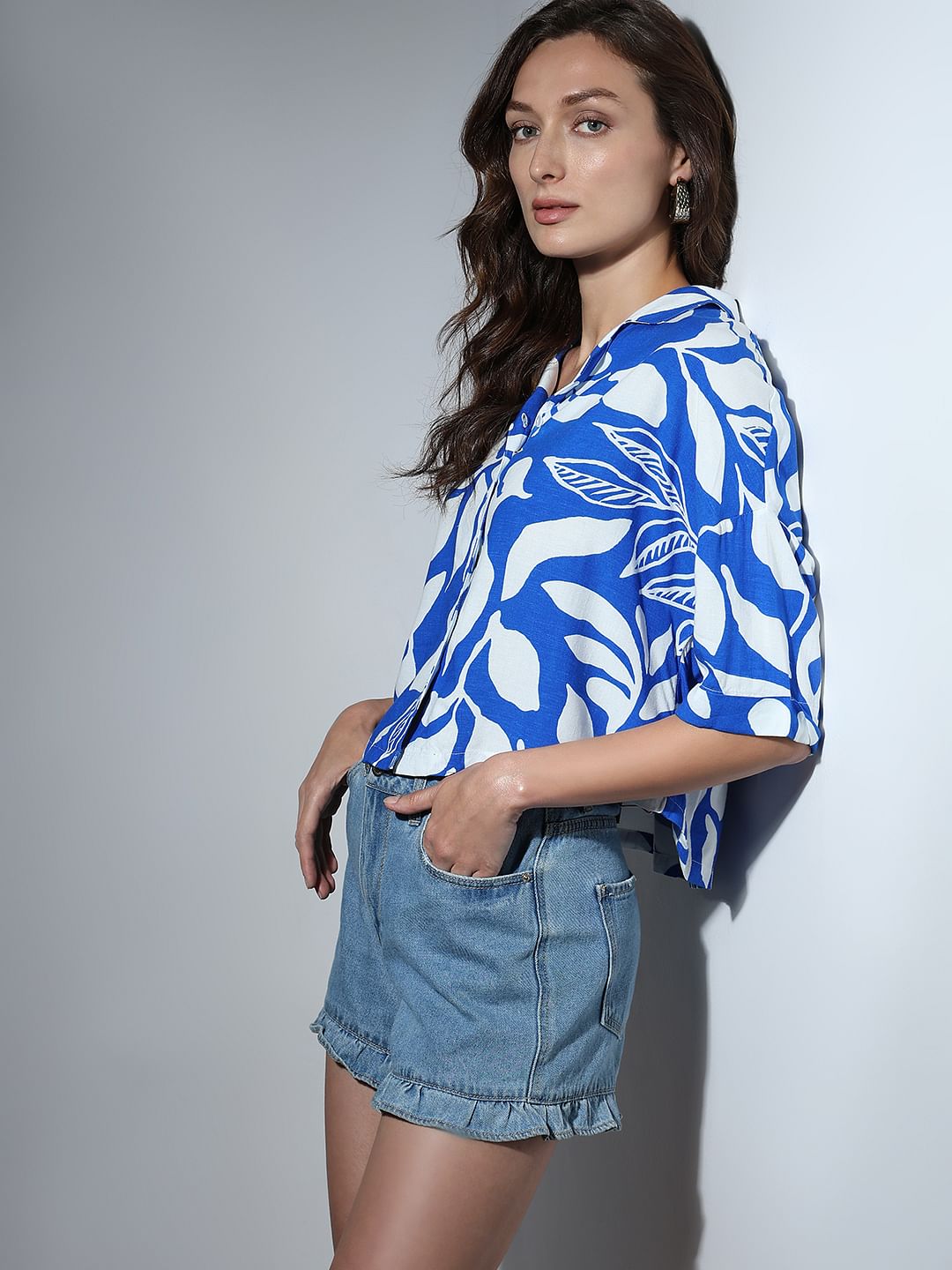 Blue & White Printed Cropped Shirt