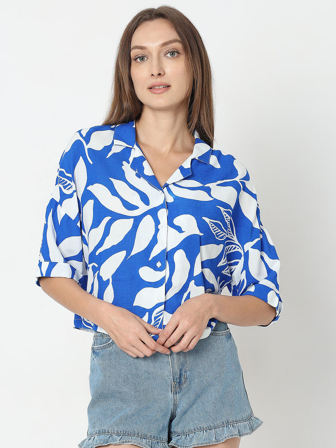 Blue & White Printed Cropped Shirt