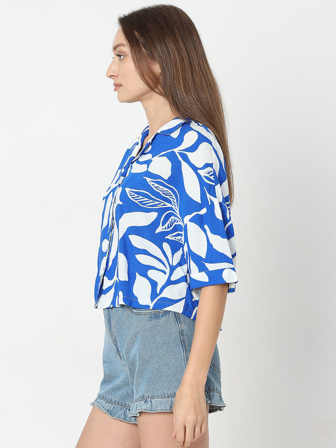 Blue & White Printed Cropped Shirt