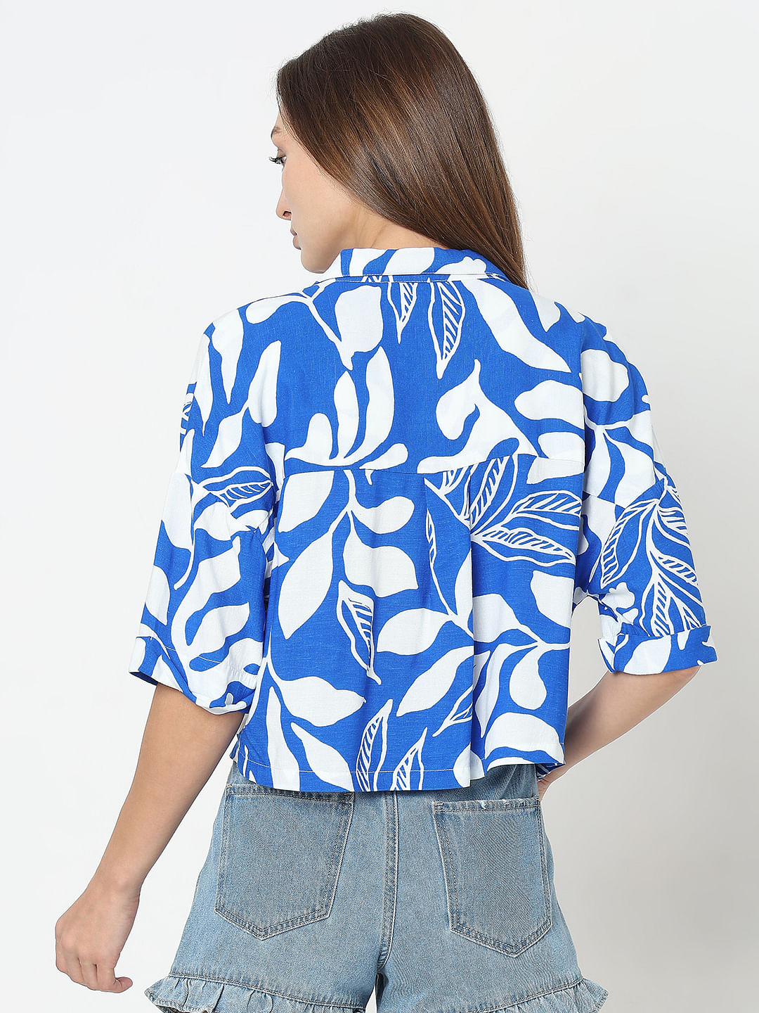 Blue & White Printed Cropped Shirt