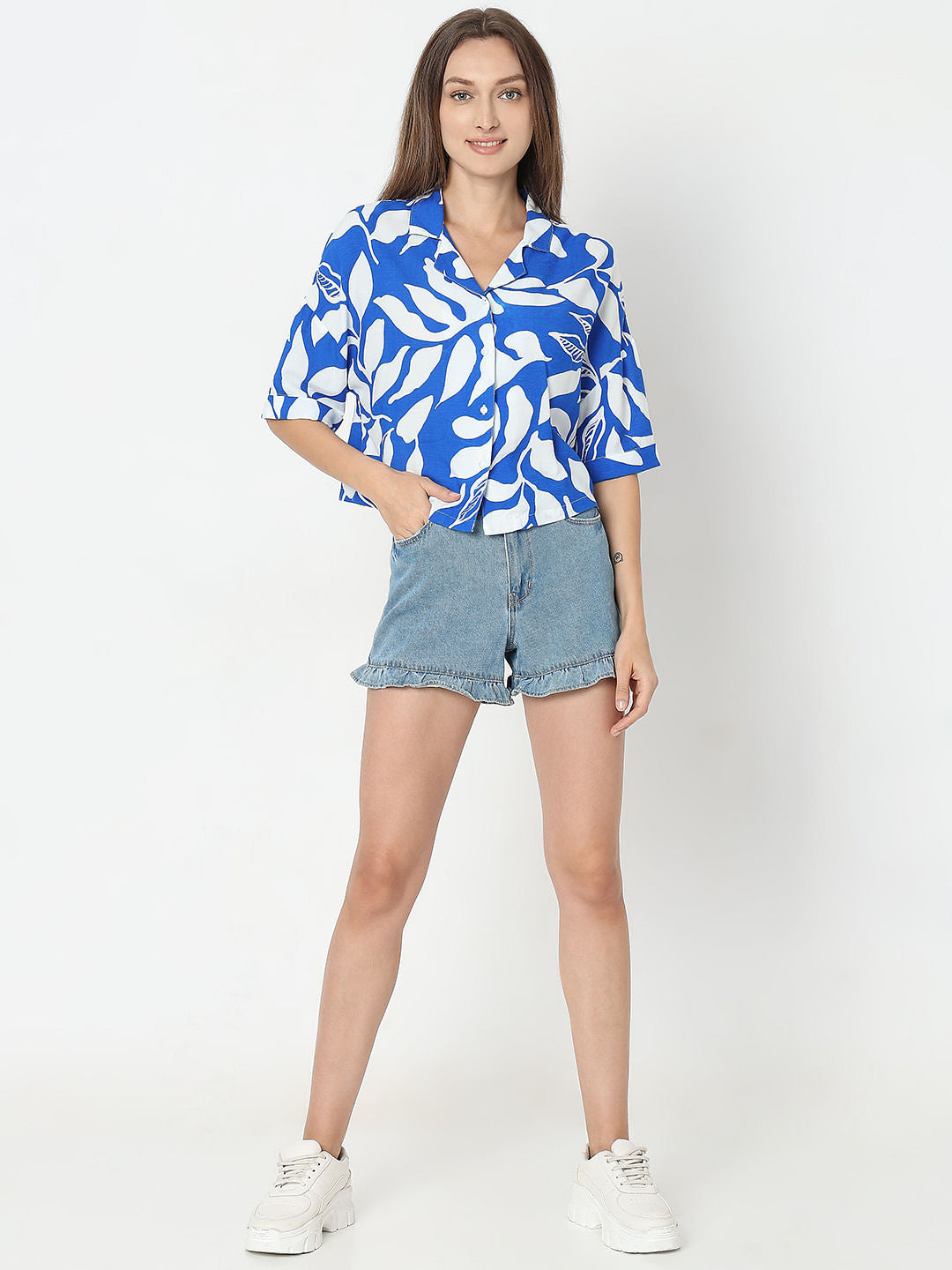 Blue & White Printed Cropped Shirt