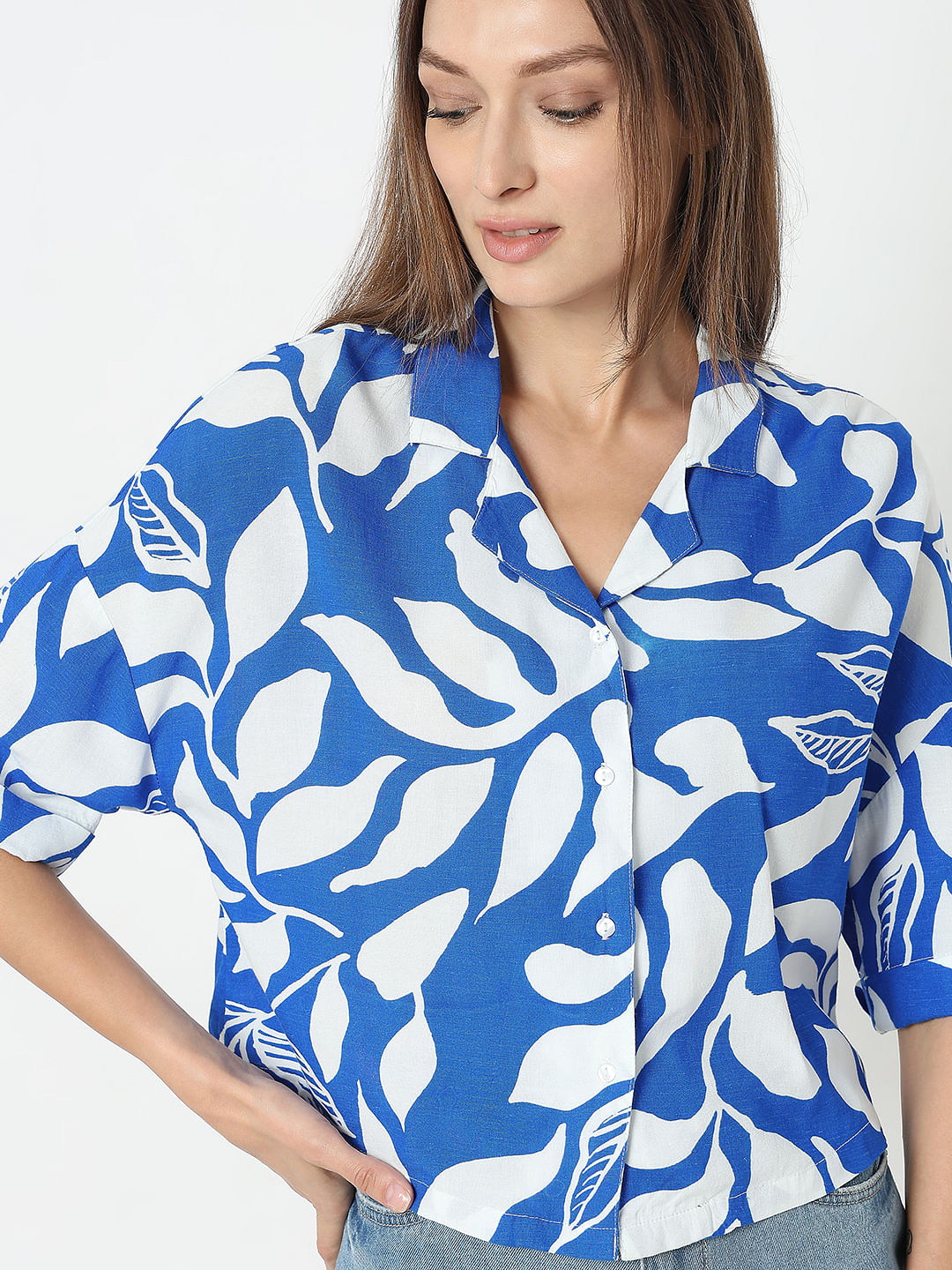 Blue & White Printed Cropped Shirt