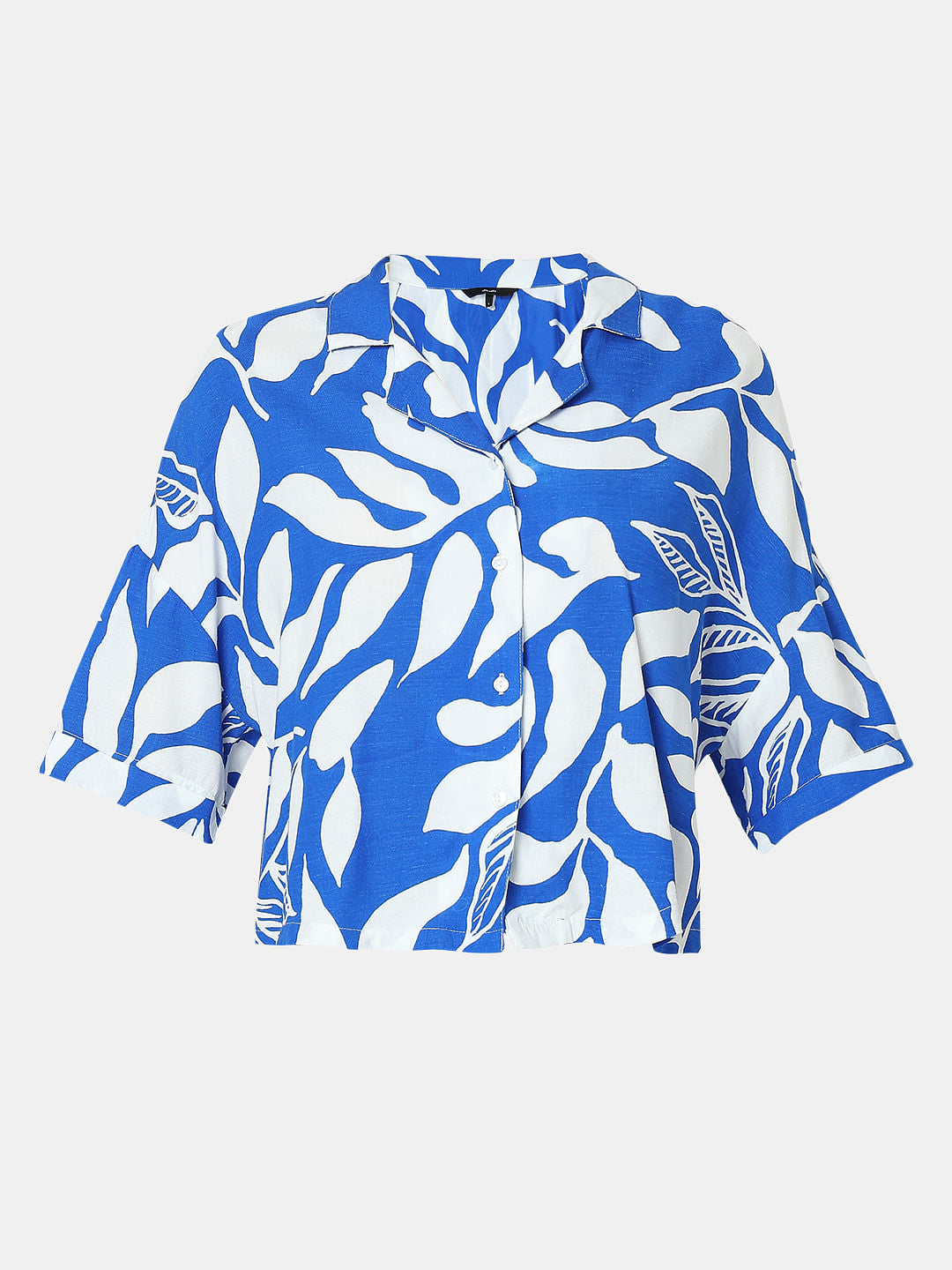 Blue & White Printed Cropped Shirt