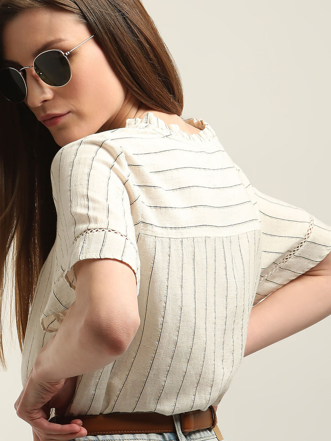 Beige Striped Woven Top