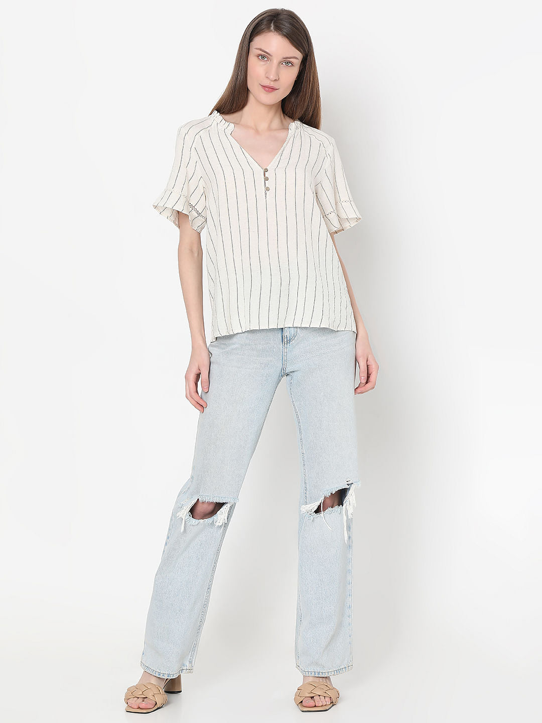 Beige Striped Woven Top