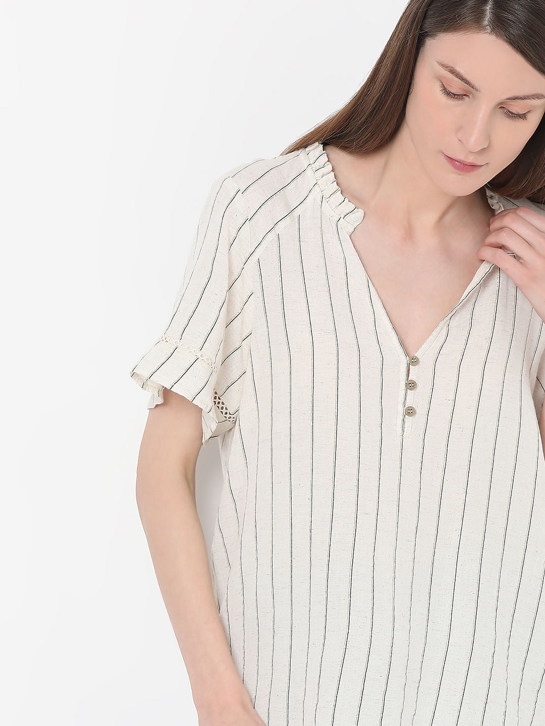 Beige Striped Woven Top