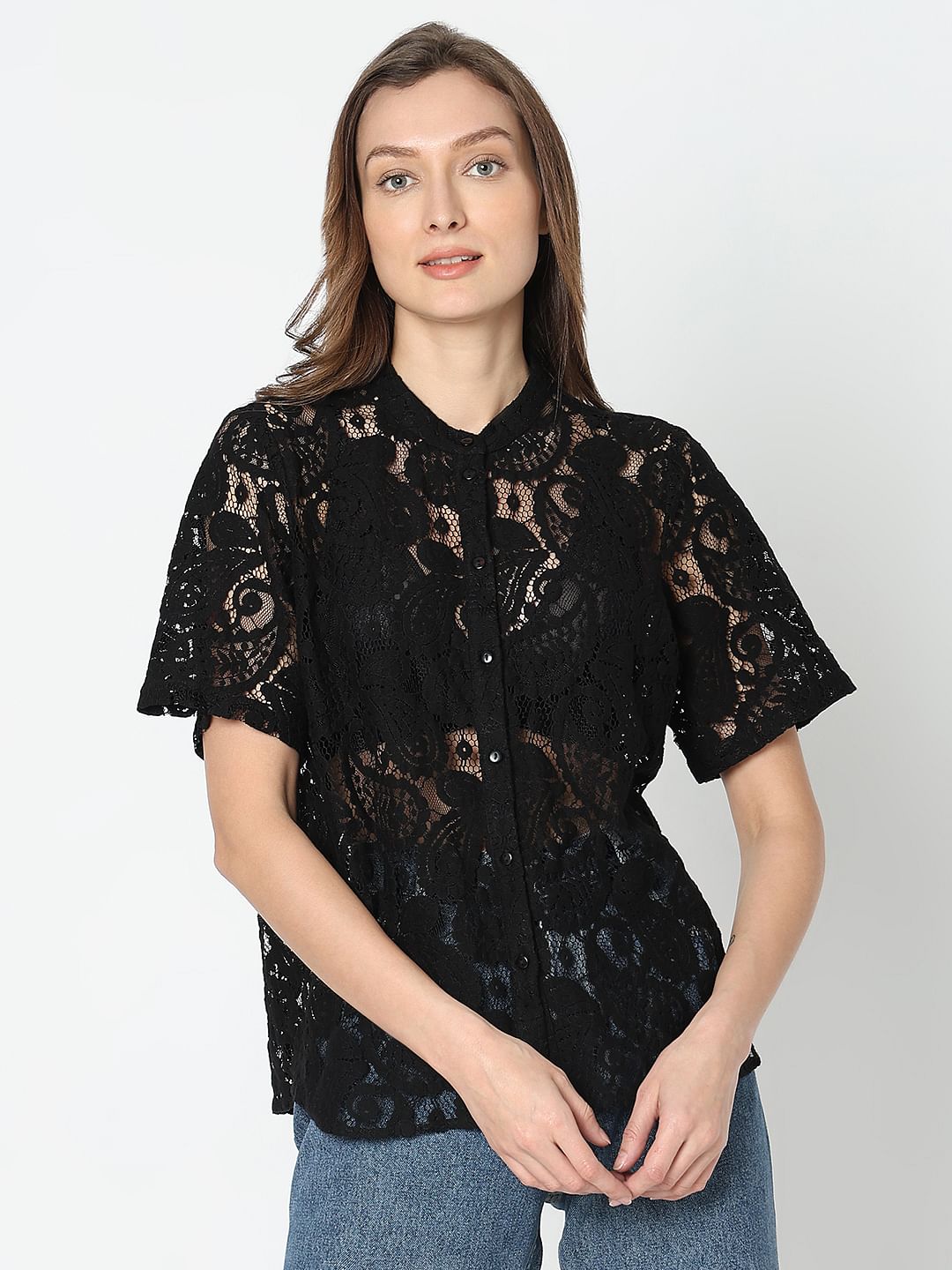 Black Lace Short Sleeves Top