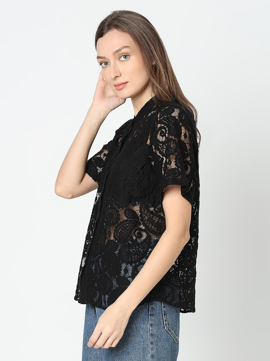 Black Lace Short Sleeves Top