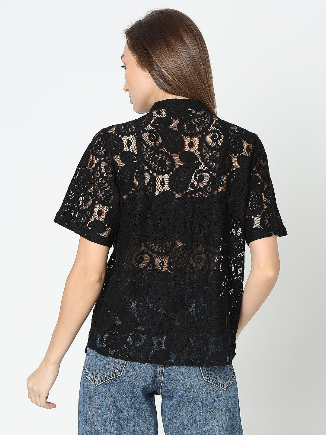 Black Lace Short Sleeves Top