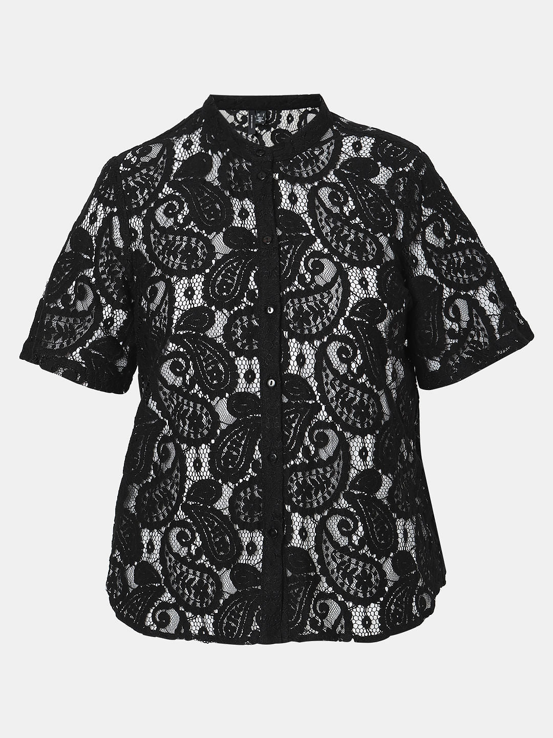 Black Lace Short Sleeves Top