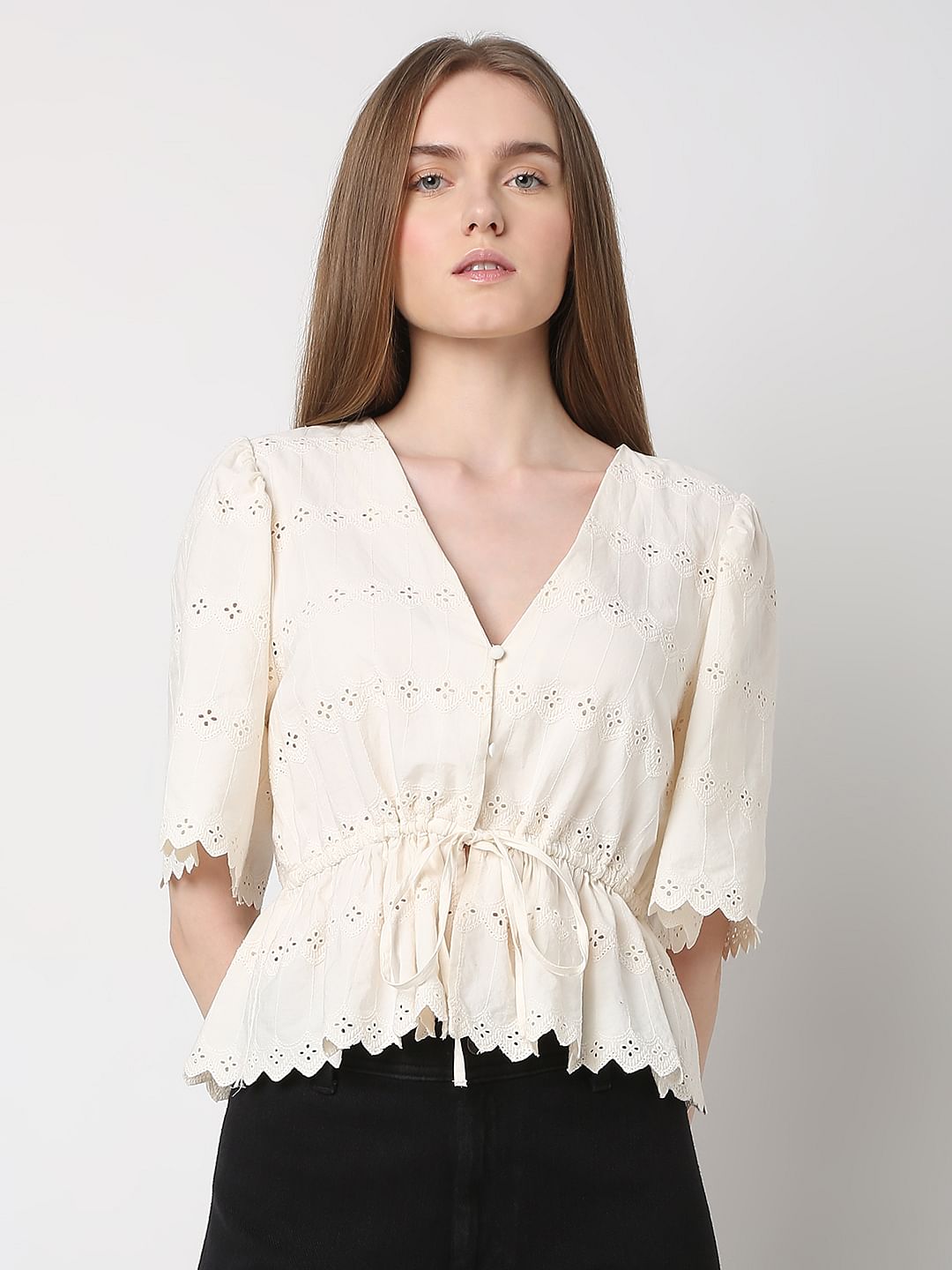Off-White Schiffli Peplum Top