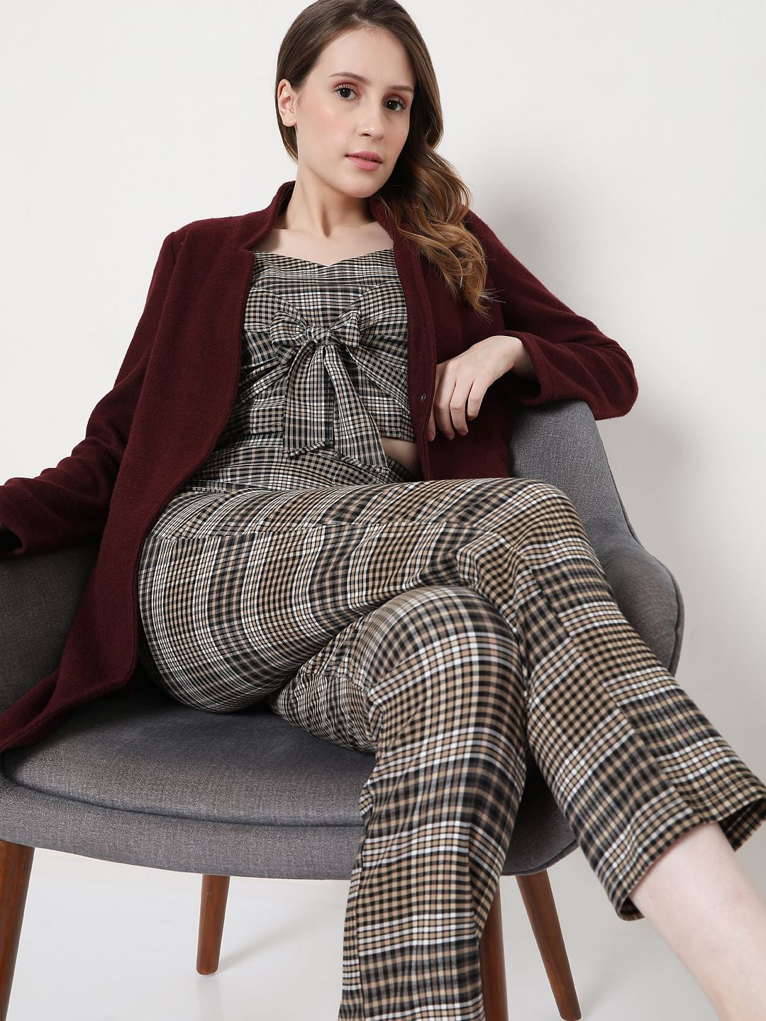 Brown High Rise Check Co-Ord Pants