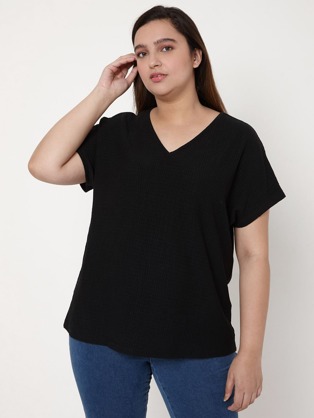 Curve Black V Neck Knit Top