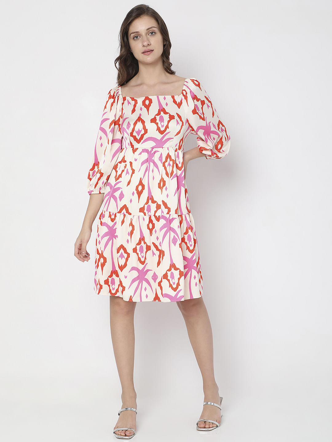 Cream Abstract Print Fit & Flare Dress