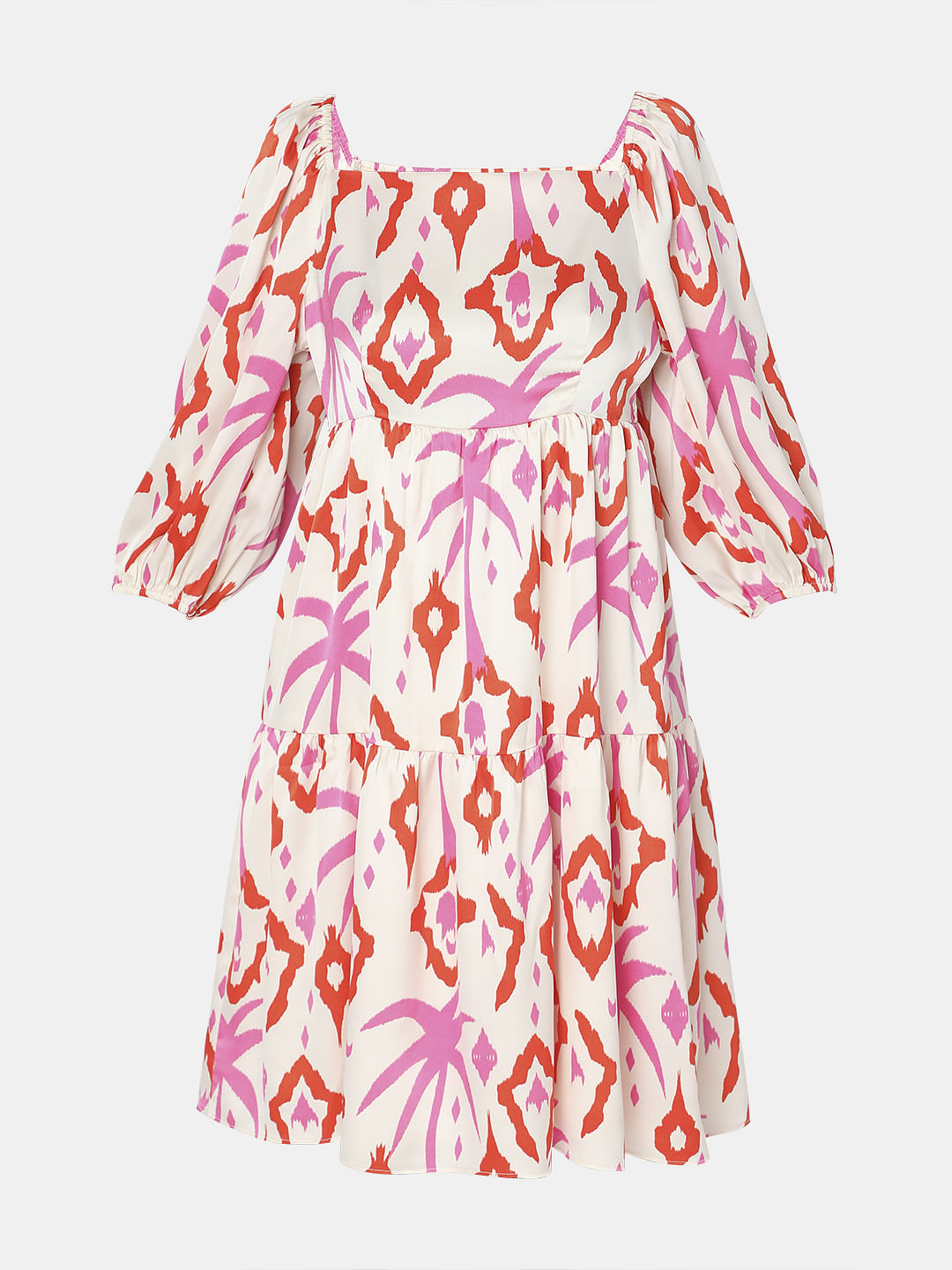 Cream Abstract Print Fit & Flare Dress