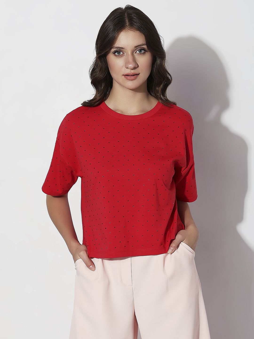 Red Embellished Knit Top