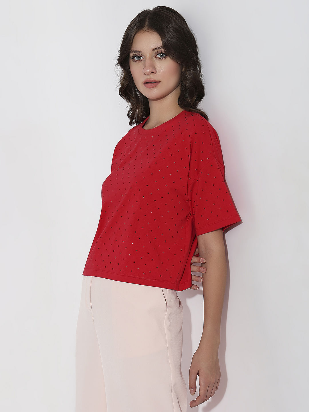 Red Embellished Knit Top