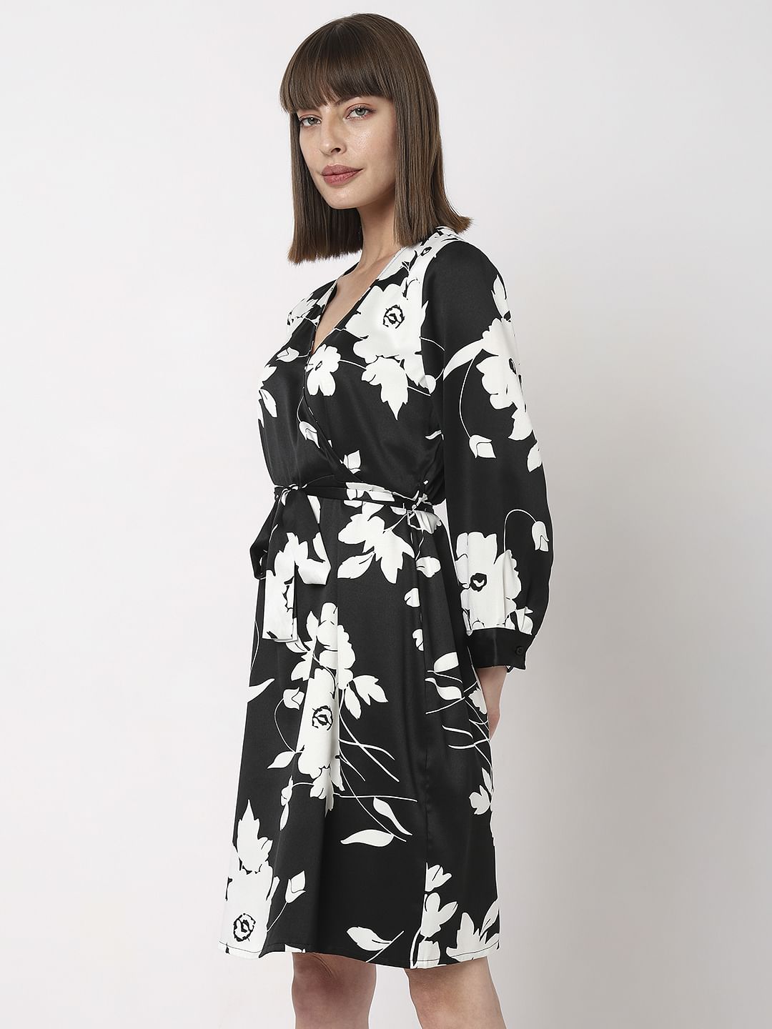 Black Floral Wrap Dress