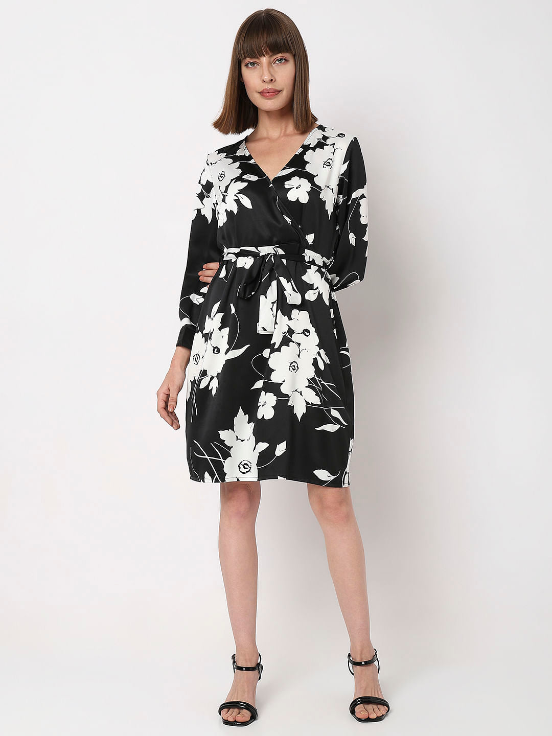 Black Floral Wrap Dress