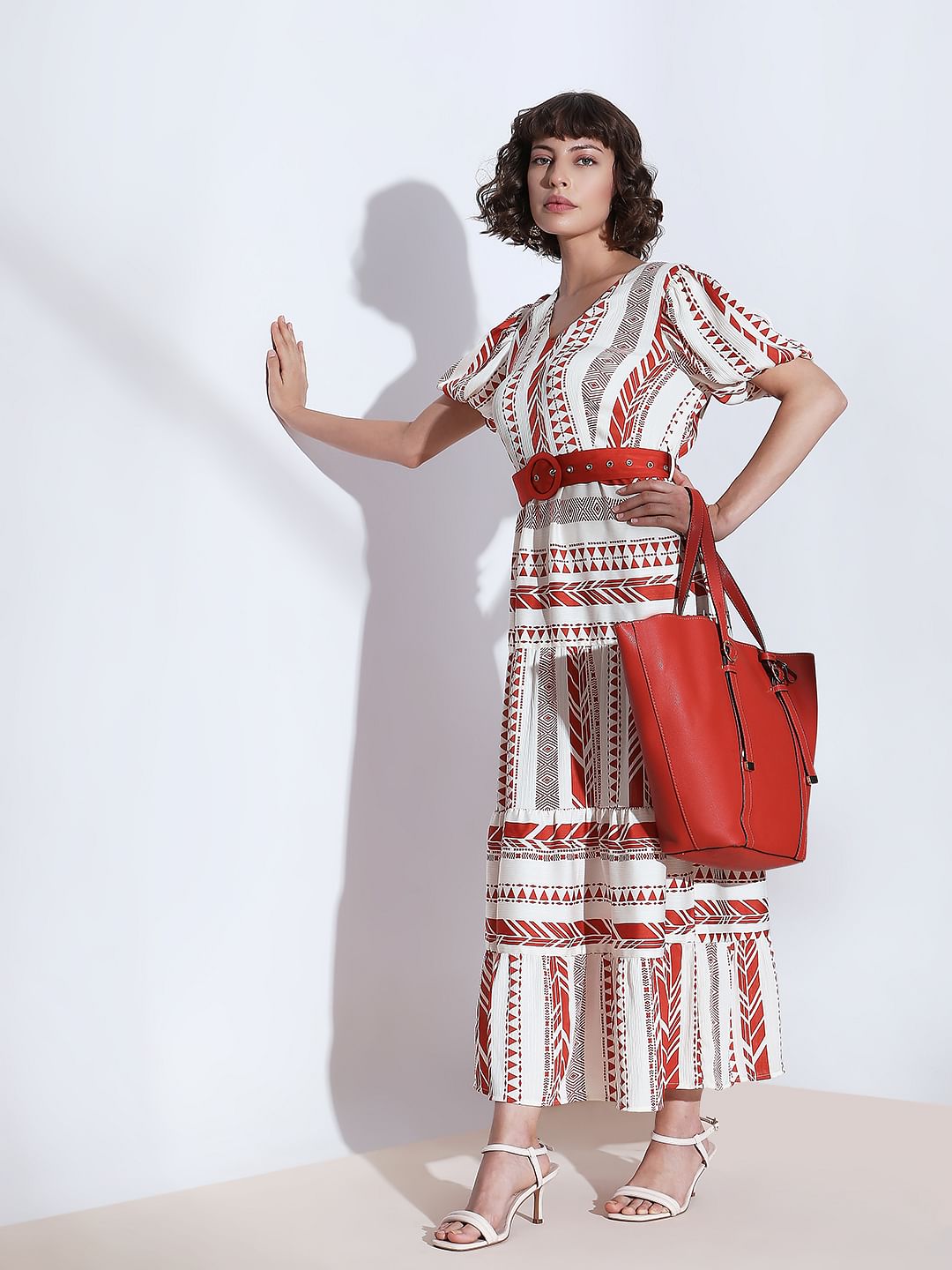 Red Printed V-Neck Maxi Dress