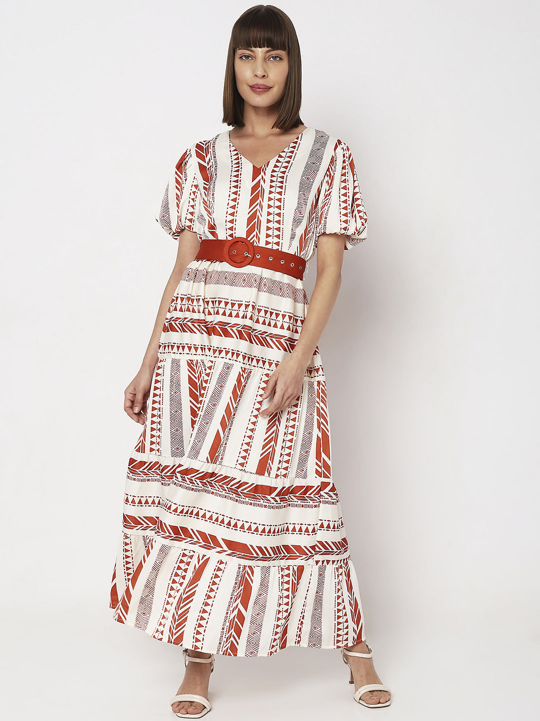 Red Printed V-Neck Maxi Dress