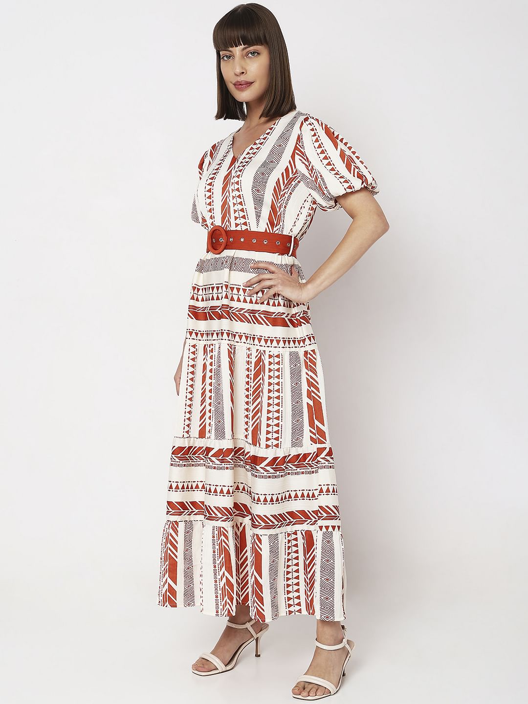 Red Printed V-Neck Maxi Dress