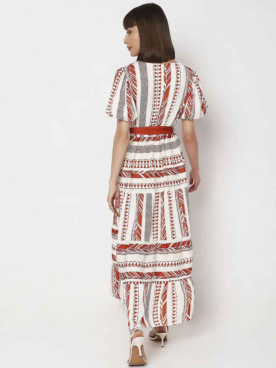 Red Printed V-Neck Maxi Dress