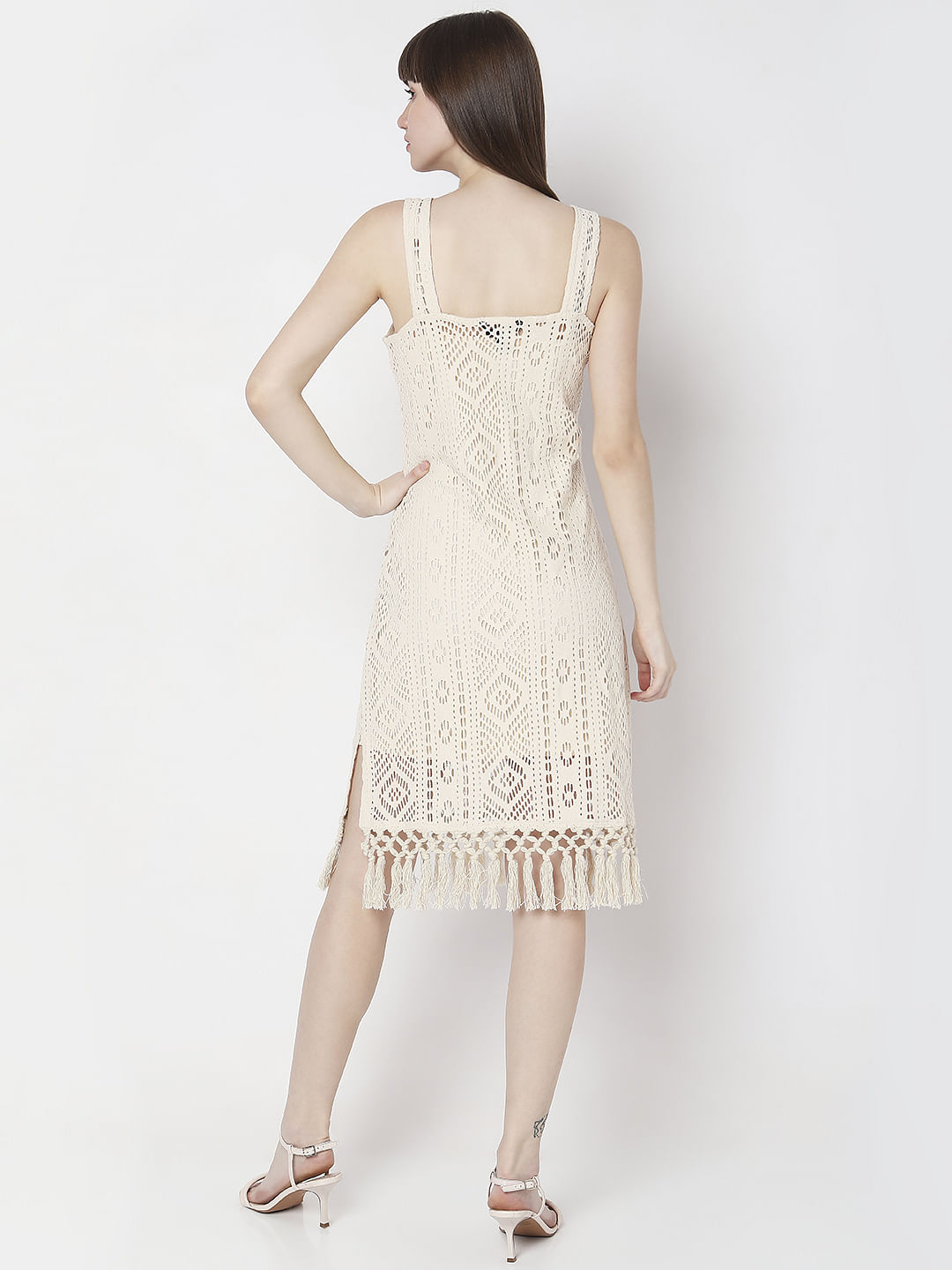 Beige Crochet Midi Dress