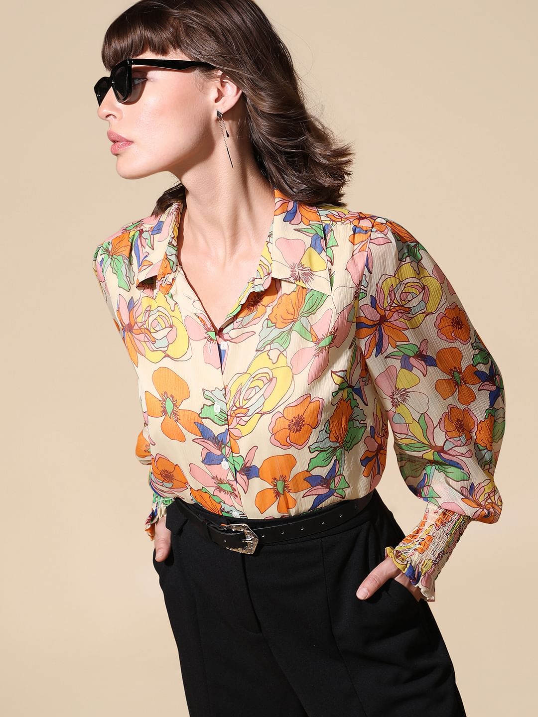 Orange Georgette Summer Floral Shirt