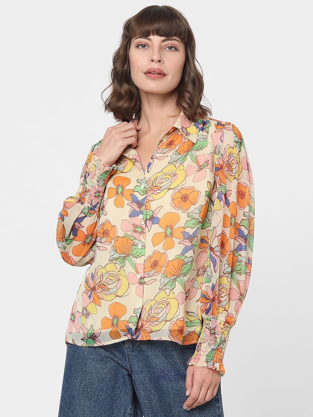 Orange Georgette Summer Floral Shirt