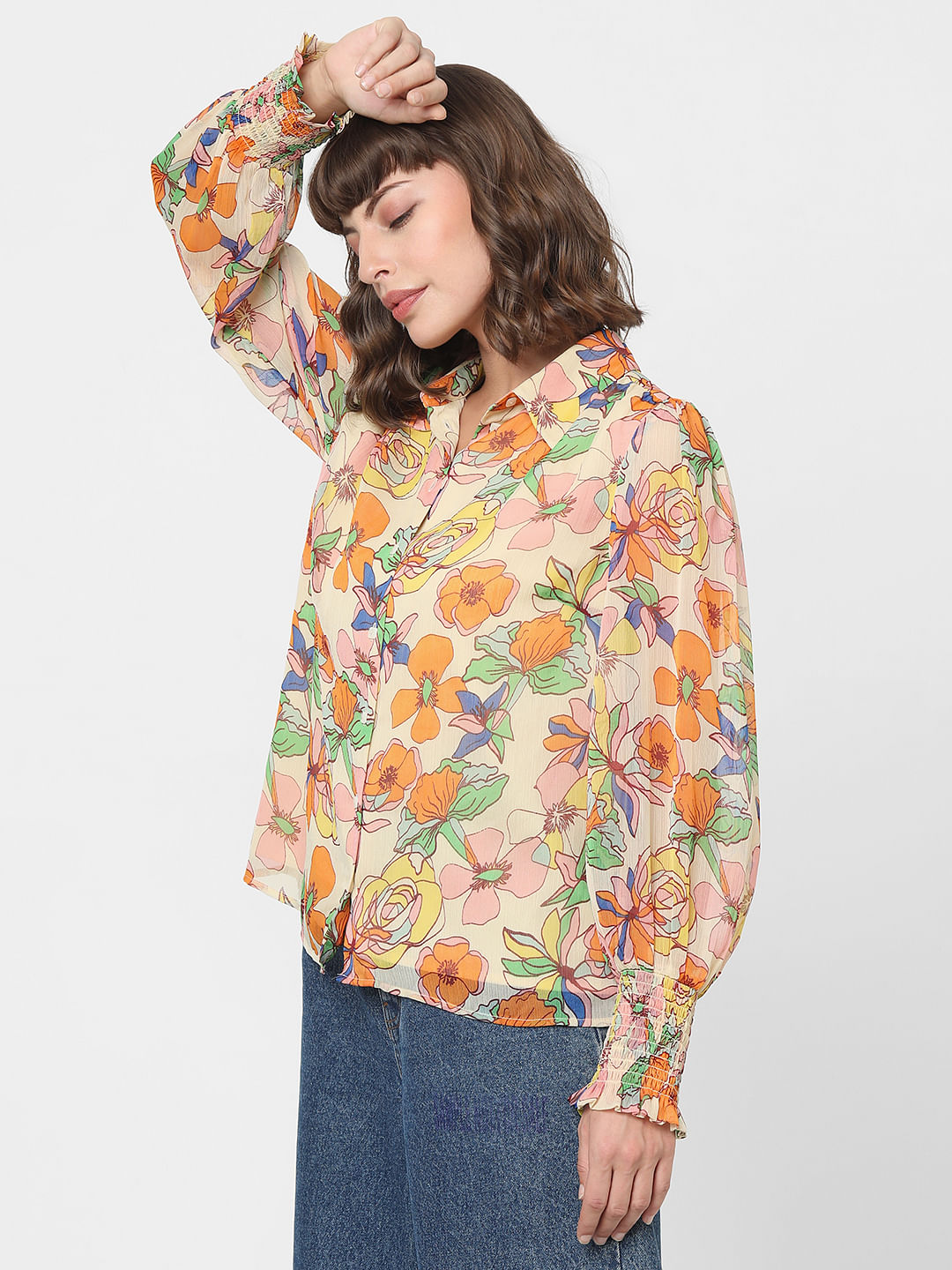 Orange Georgette Summer Floral Shirt