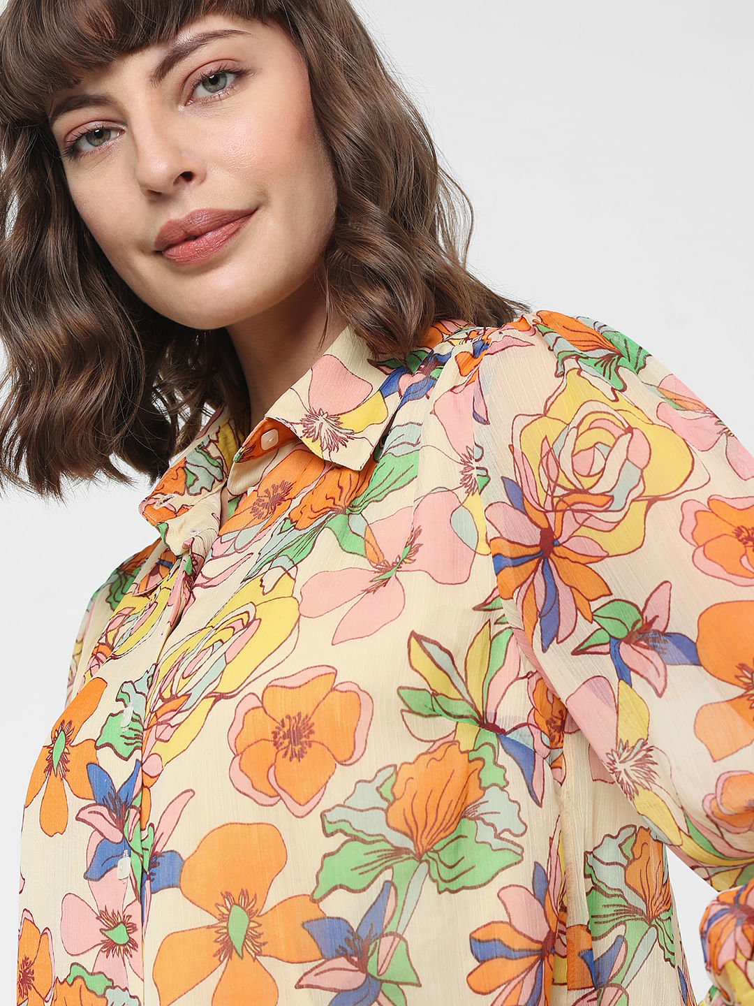 Orange Georgette Summer Floral Shirt