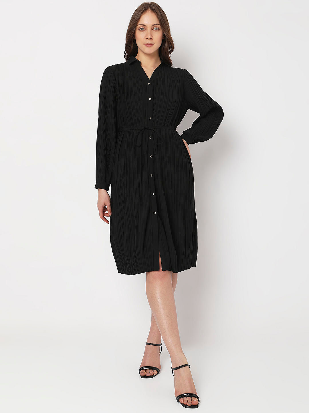 Black Pleated Midi Shirt Dress