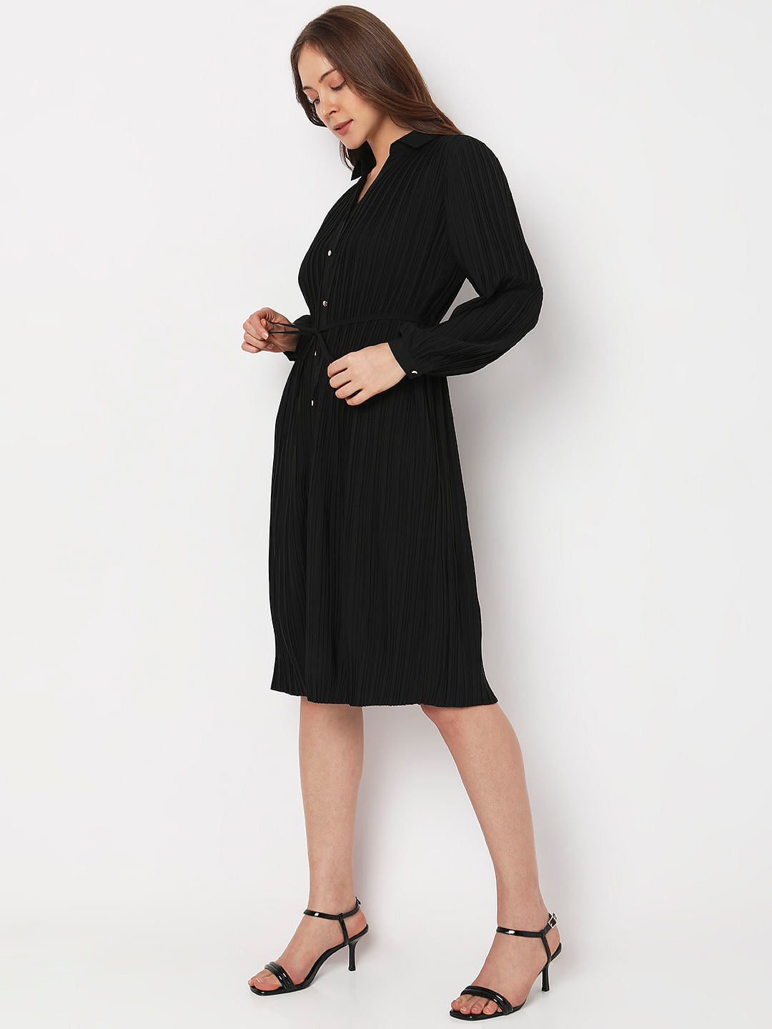 Black Pleated Midi Shirt Dress