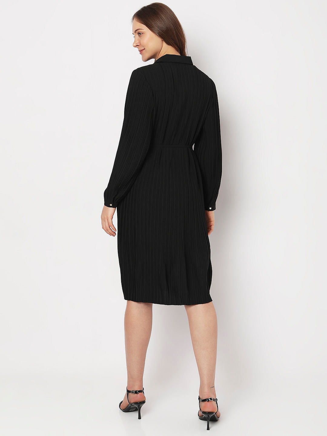 Black Pleated Midi Shirt Dress