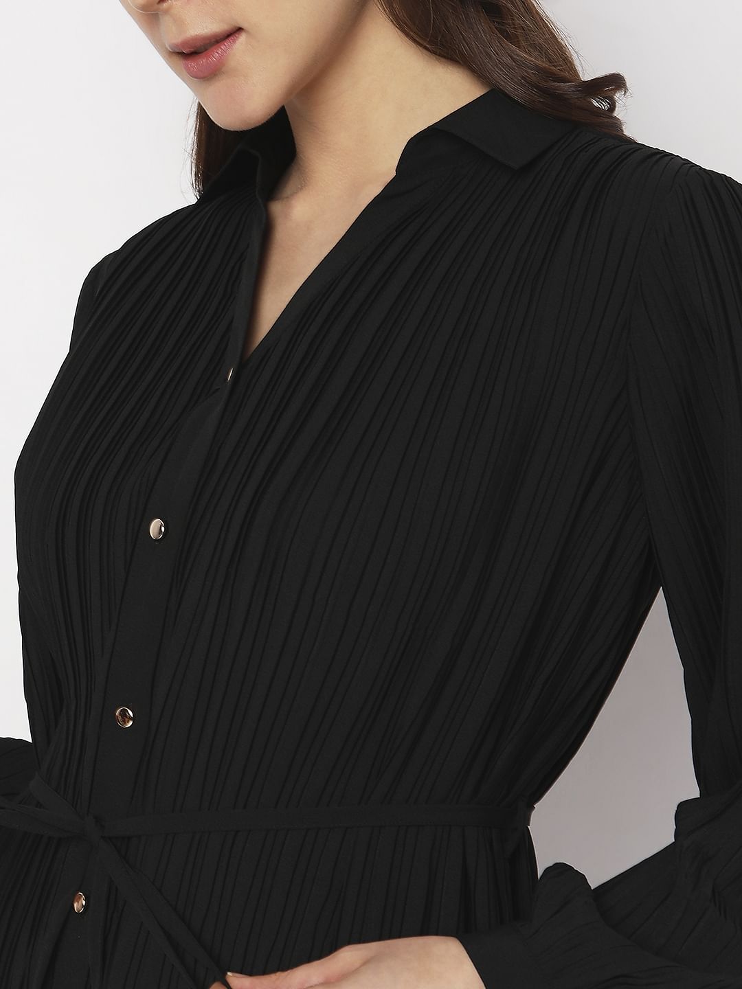 Black Pleated Midi Shirt Dress