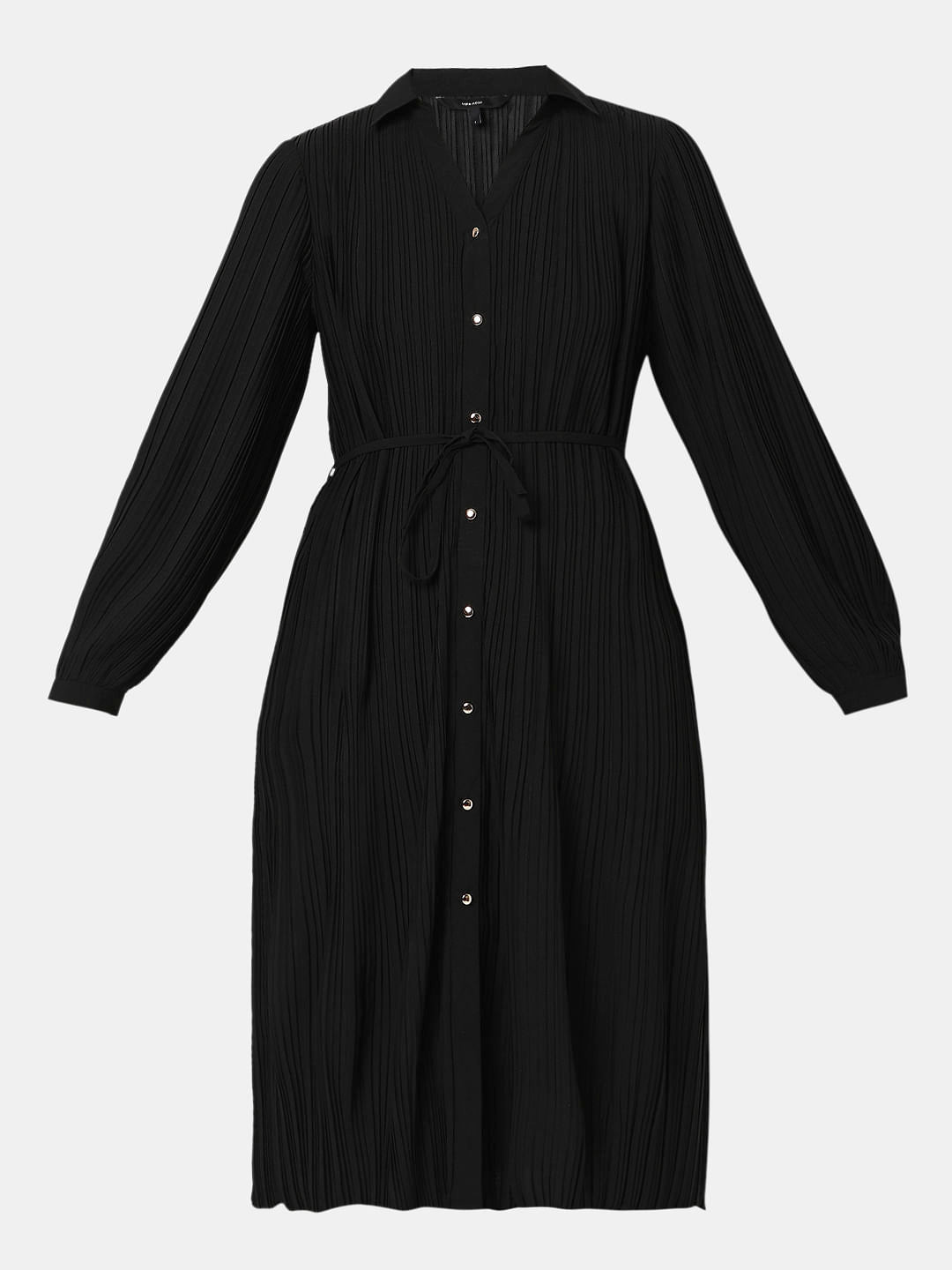 Black Pleated Midi Shirt Dress