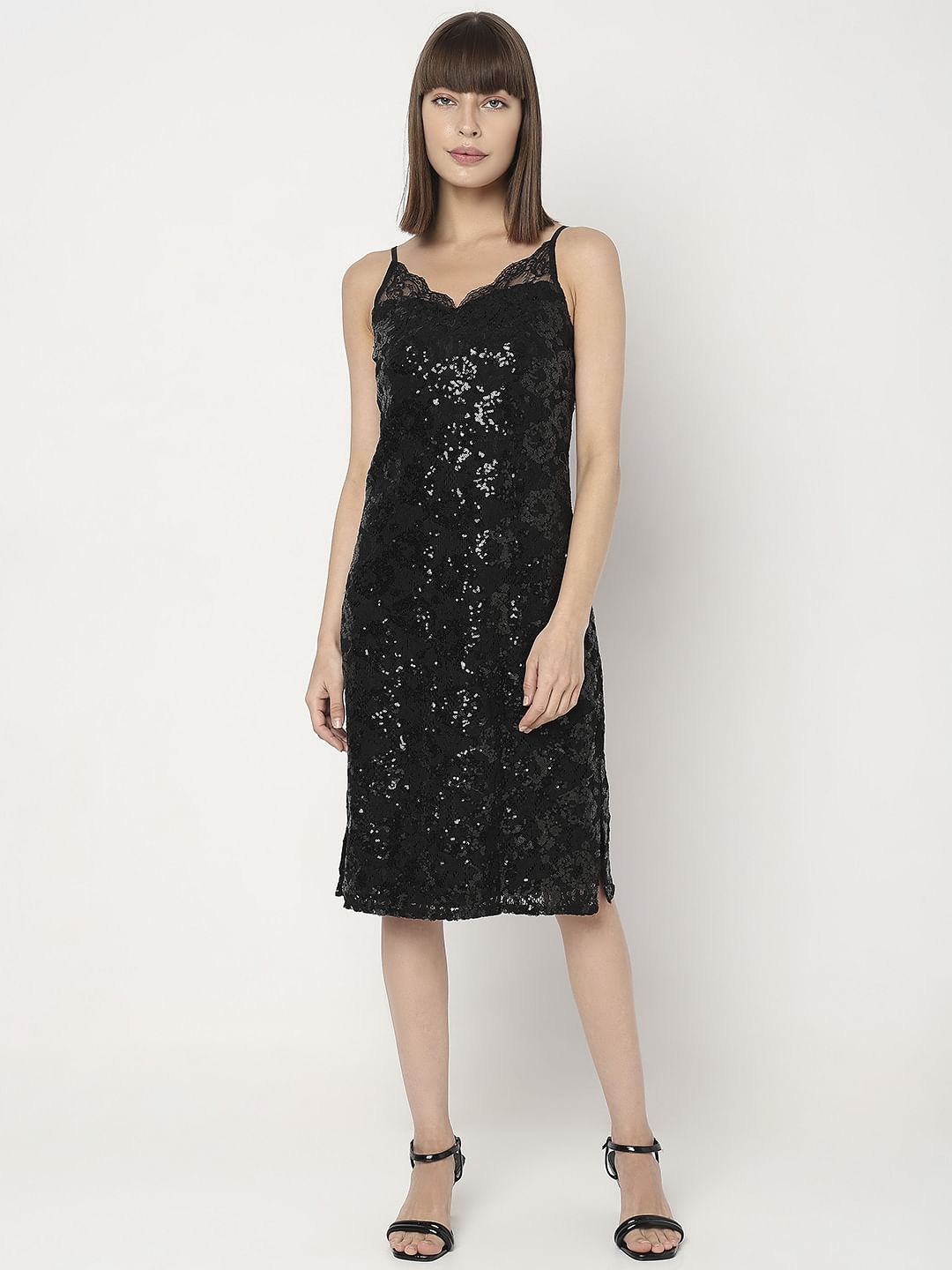 Black Sequin Detail Midi Dress