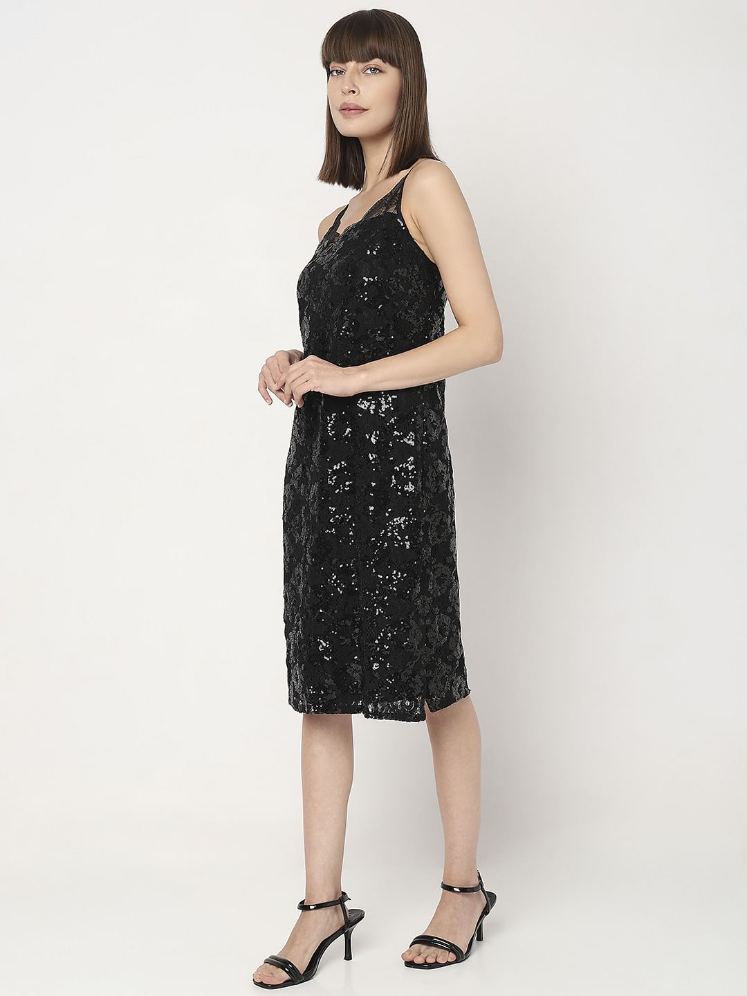 Black Sequin Detail Midi Dress