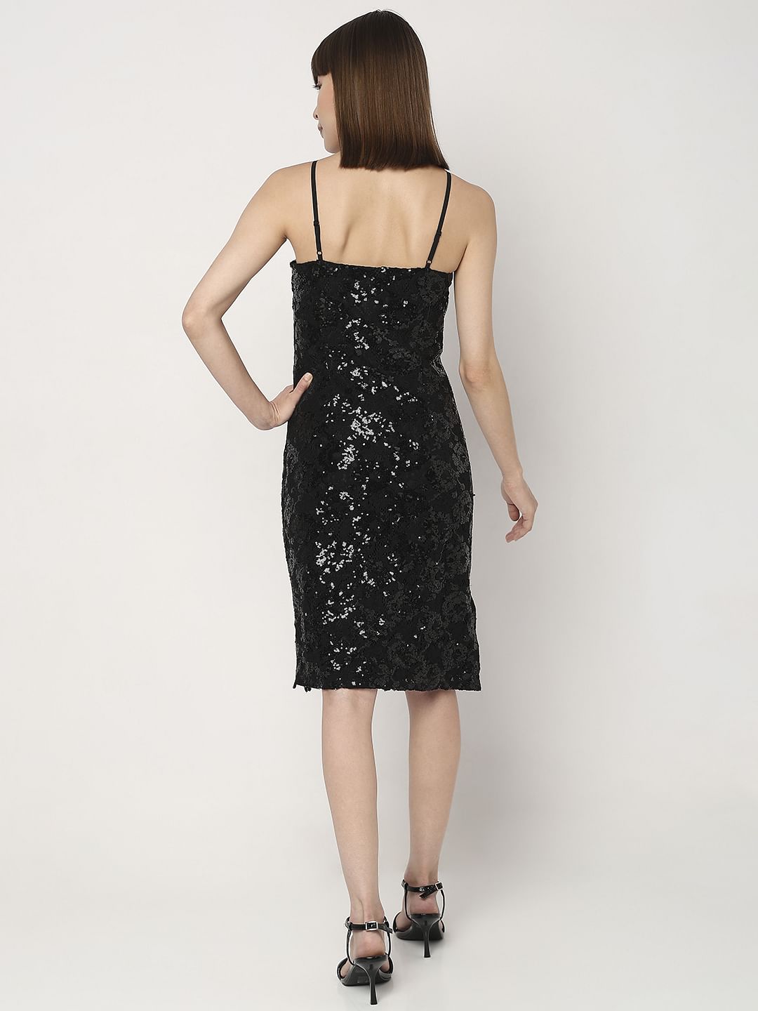 Black Sequin Detail Midi Dress