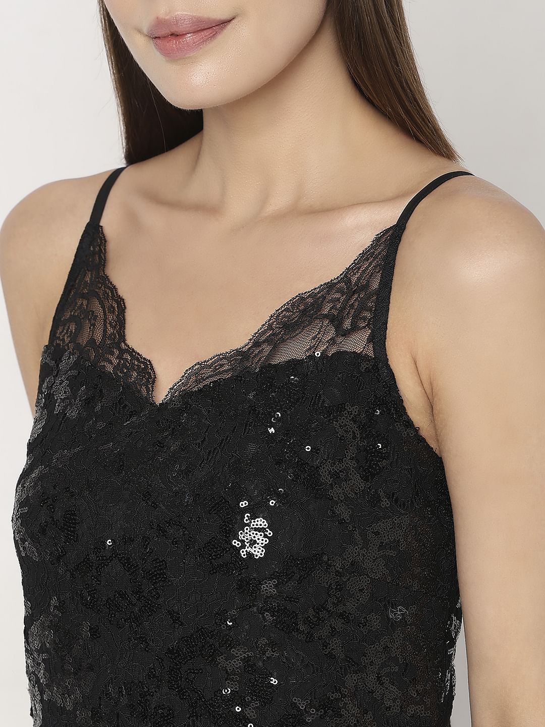 Black Sequin Detail Midi Dress